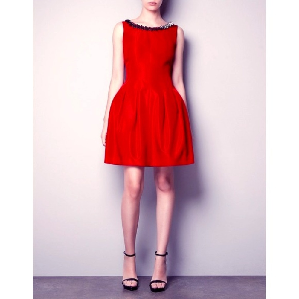 Zara Red Tulip Pleated Dress with Jewelled Collar